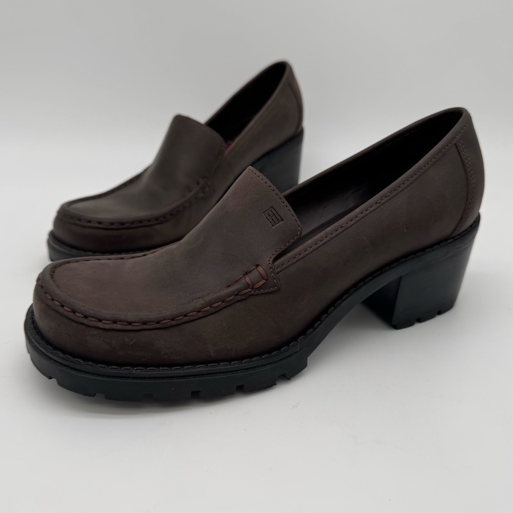 New Tommy Hilfiger Brown Leather Y2K Chunky Lug Sole Block Heel Size 8 M